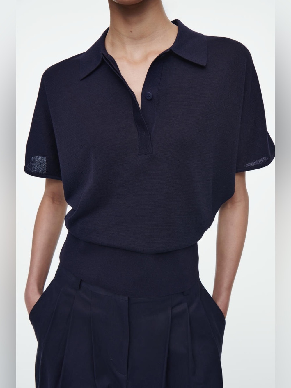 COS Navy Knitted Short Sleeve Polo Shirt Size Medium